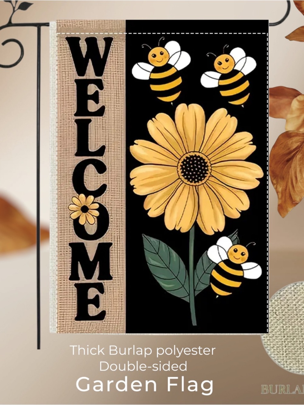 Welcome Sunflower Bee Garden Flag, approximately 12" x 18", burlap double-sided,
